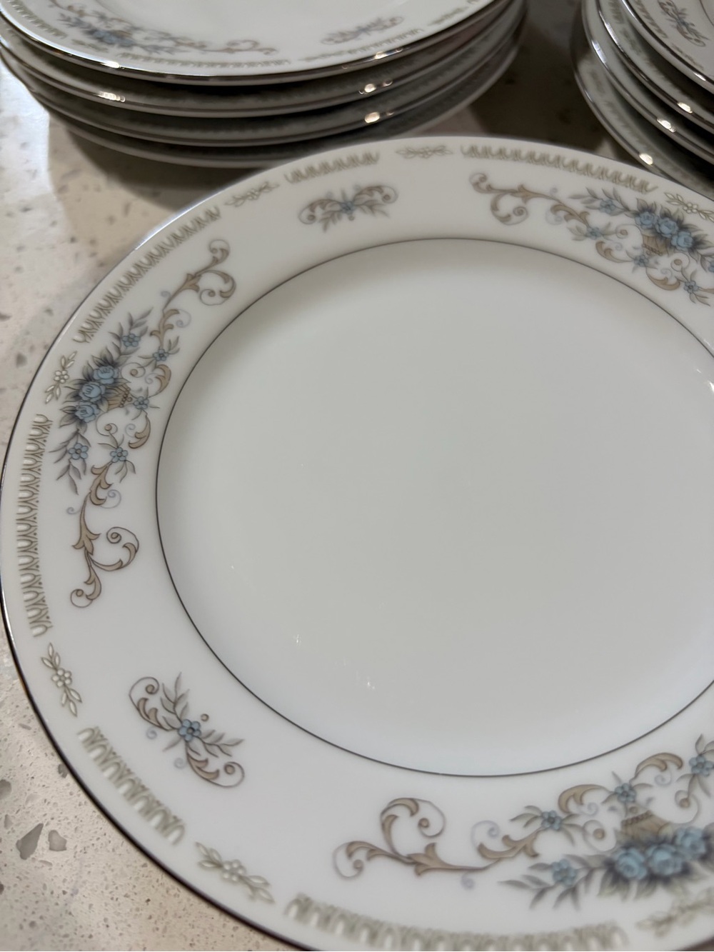 “Diane” Classic White Porcelain Salad Plates with Silver Rim and Blue Floral - Picture 2 of 5